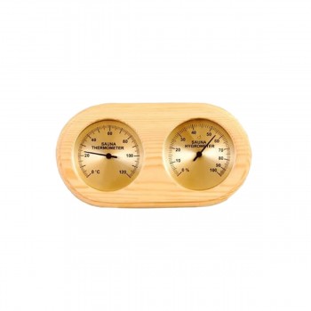 Thermometer, SAWO Hygrometer aus Kiefernholz für die Sauna mit goldenem Hintergrund
